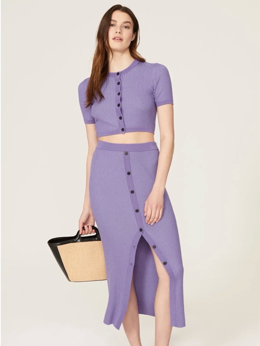 NAADAM Short Sleeve Lavender Ribbed Button-Front Crop Top